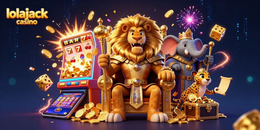 Experience the thrill at Lolajack Casino with an epic 3D illustration featuring royal characters and casino elements.