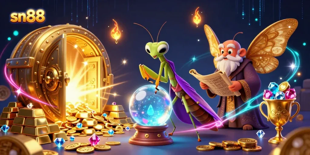 sn88 players explore a mystical gaming realm filled with treasures and fortune amidst vibrant casino elements