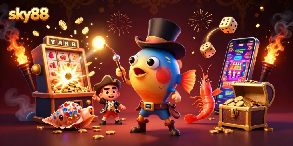 Experience sky88 excitement with a 3D anglerfish attracting golden coins in a vibrant casino atmosphere.