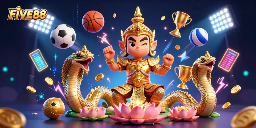 Immerse yourself in FIVE88 sports betting action with vibrant casino-themed 3D illustration.