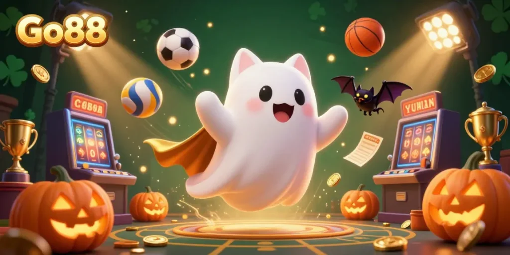 Experience exciting gameplay at Go88 with a ghost cat and dynamic casino elements including sports balls, slot machines, and trophies.