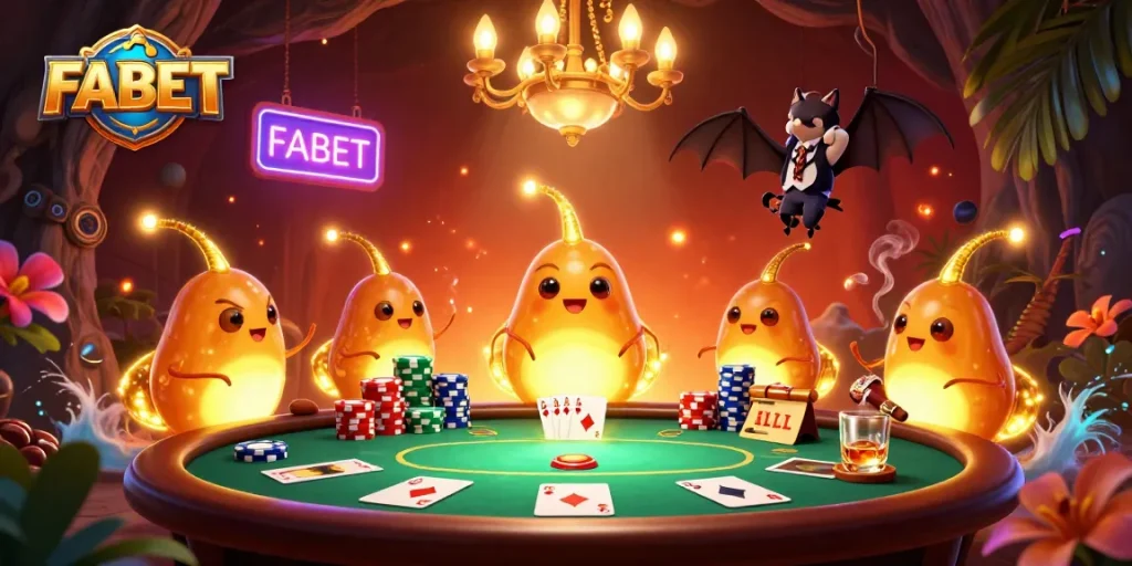 Experience the thrill of FABET with vibrant glowworms lighting up a poker game scene.