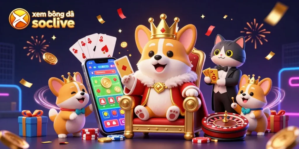 xem bóng đá socolive shows an animated corgi king amidst dynamic sports betting elements, showcasing a lively casino atmosphere.