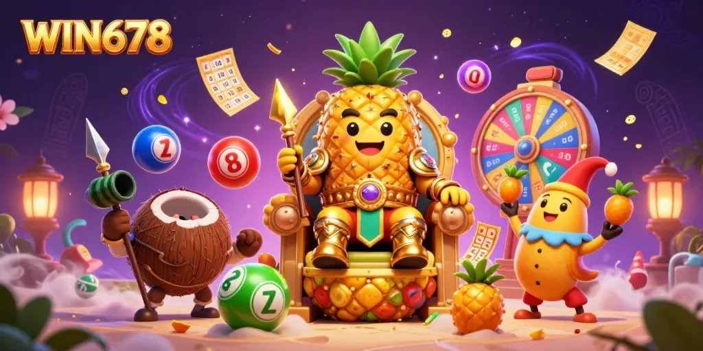 Experience WIN678 excitement with vibrant characters, dynamic lottery elements, and a festive casino atmosphere.