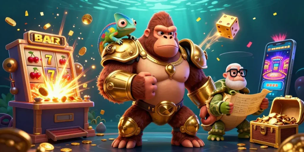 U888 online casino scene with a vibrant gorilla and colorful characters amidst slot machine excitement
