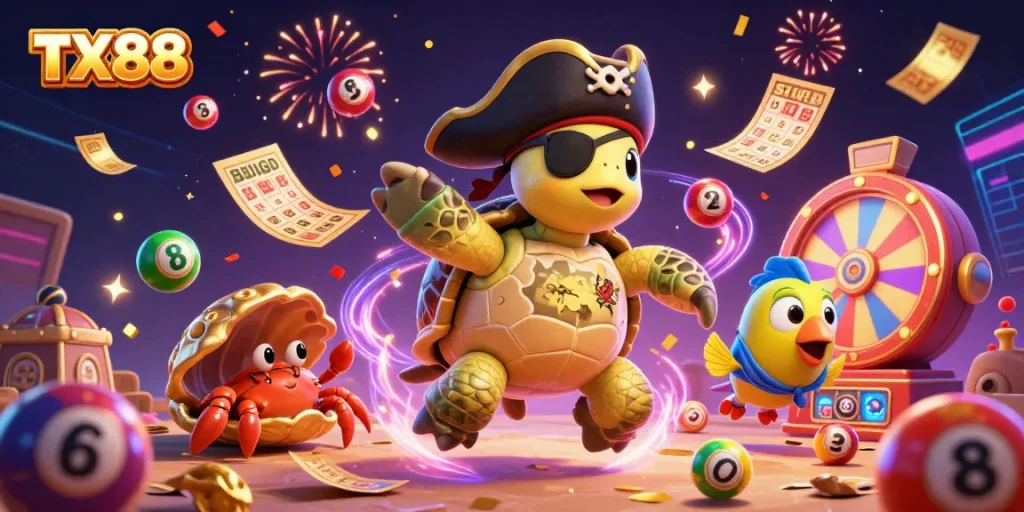 Engage with the excitement of TX88 casino gaming as pirate characters celebrate above treasures and lottery elements.