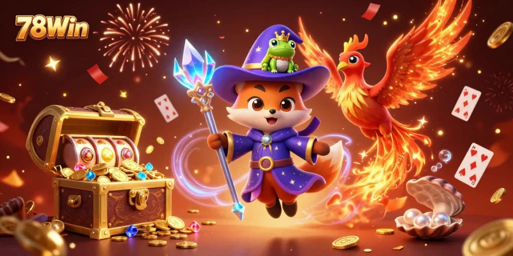 Experience thrilling wins at 78Win with magical gaming elements, treasure chests, and vibrant casino action.