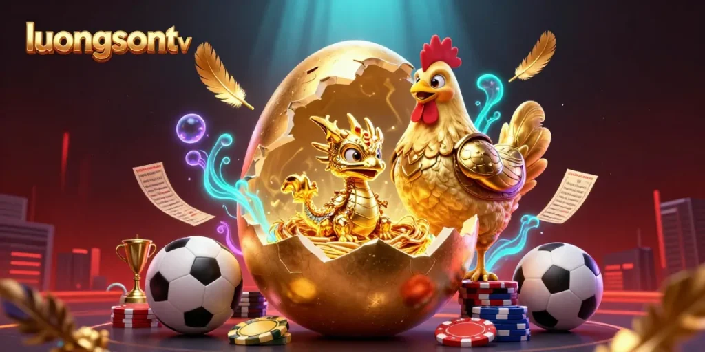 Engage in adrenaline-pumping betting action with luongsontv showcasing a dazzling dragon and poker chips amid vibrant sports elements.