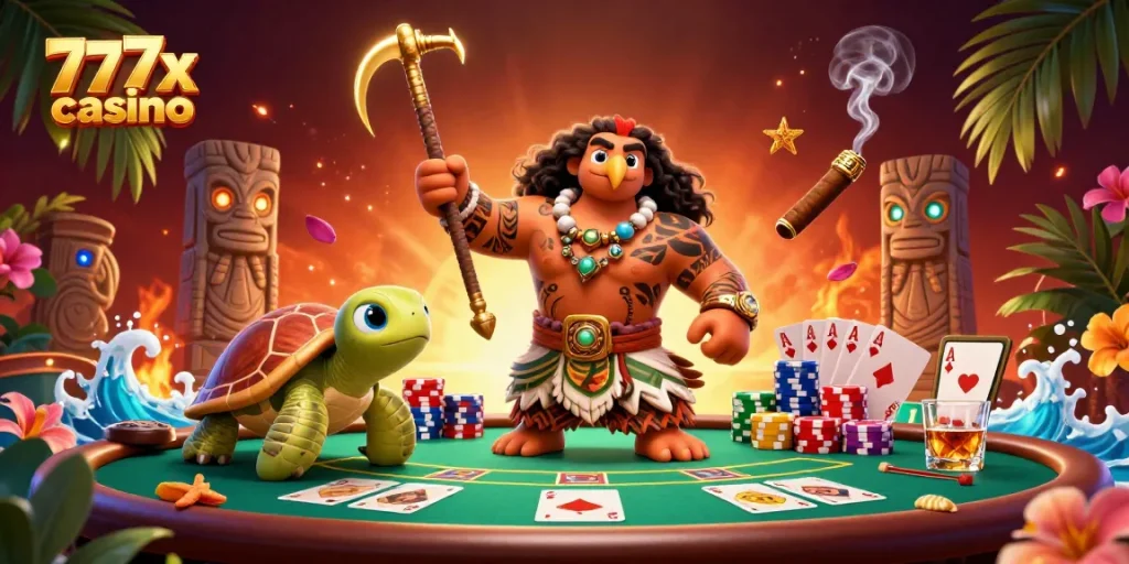 Experience the excitement of 777x casino with vibrant poker action and dynamic characters.