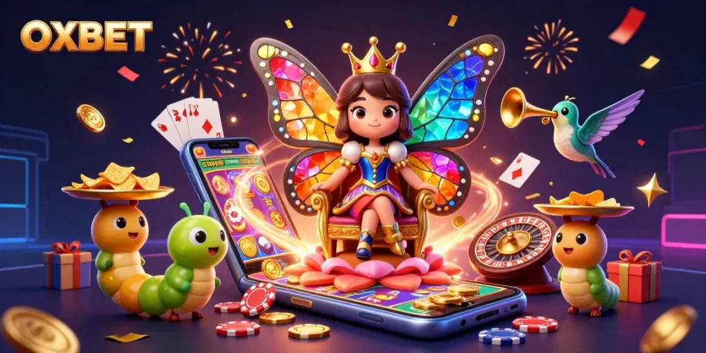 Engage with OXBET's vibrant gaming world featuring a butterfly queen, chips, and slot elements.