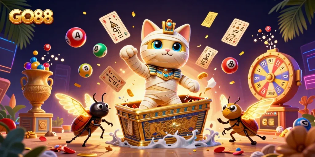Visualize GO88 with a vibrant Egyptian mummy cat and a scarab beetle in a dynamic casino scene.
