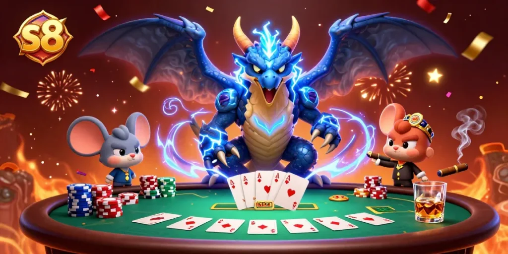 Engage with exciting s8 gaming adventures featuring electrifying characters in a casino-themed illustration.