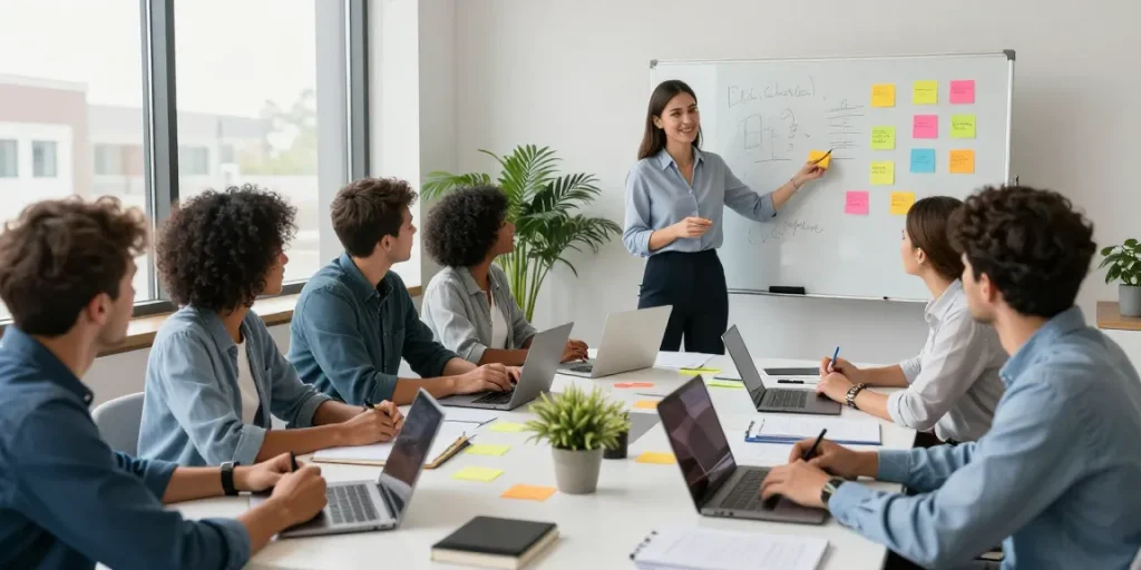 Divers team in een moderne kantooromgeving samenwerkend aan diversiteit en inclusie, met laptops en notities.