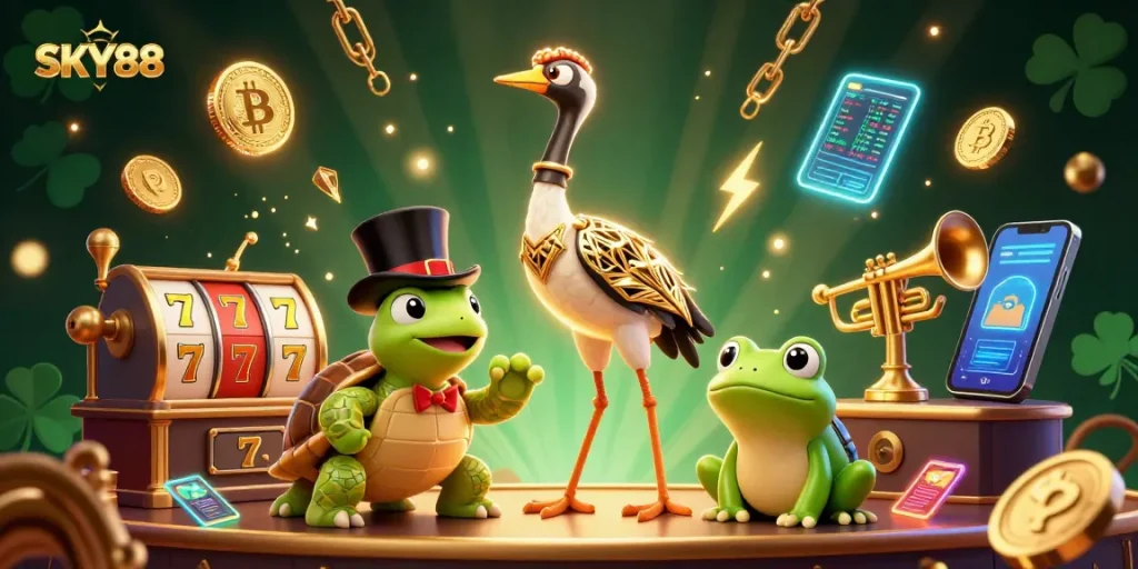 Experience thrilling wins with SKY88 as characters celebrate in a vibrant 3D casino scene filled with slot reels and crypto coins.