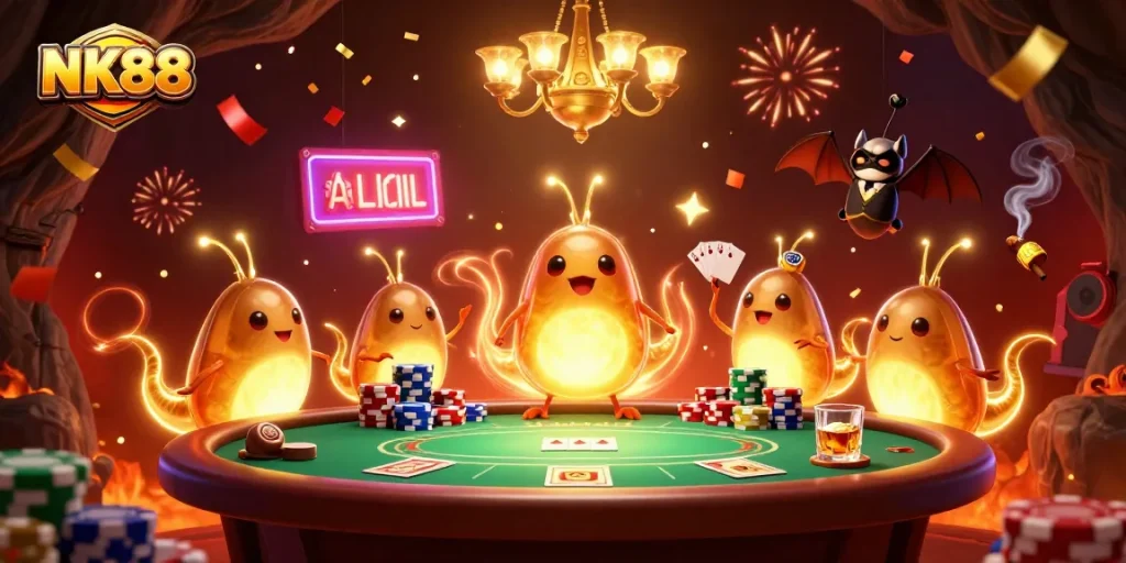 Engage with NK88's vibrant gambling experience in this illuminated casino scene.