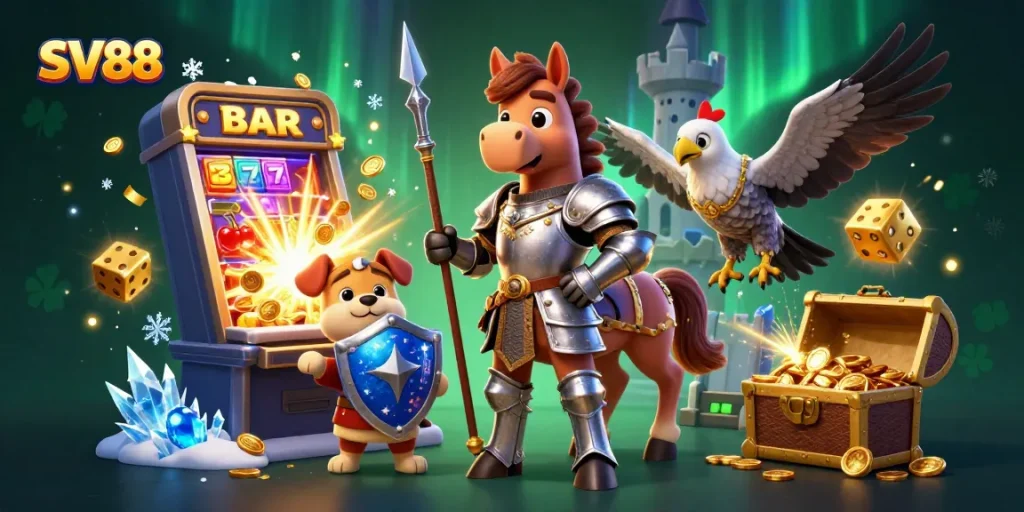 Experience SV88 with a knight, squire, and falcon amidst a jackpot explosion in this vibrant casino illustration.