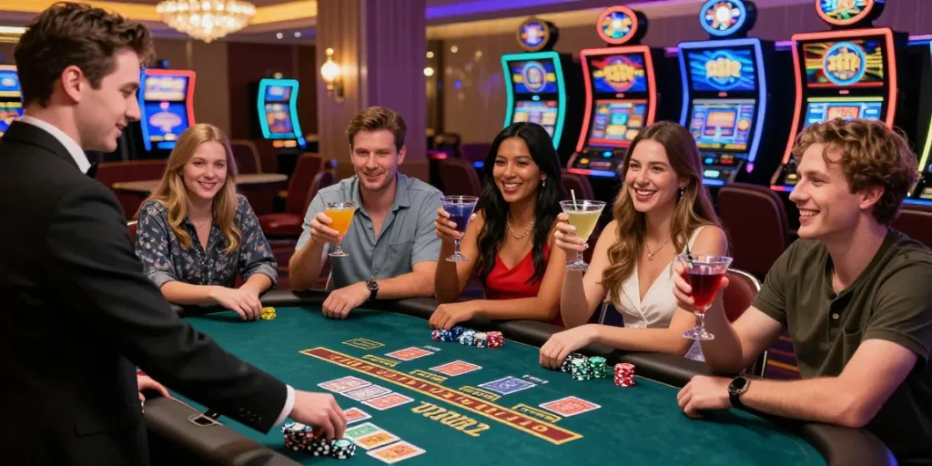 Exciting gambling scene capturing friends enjoying QS88 gaming experience.