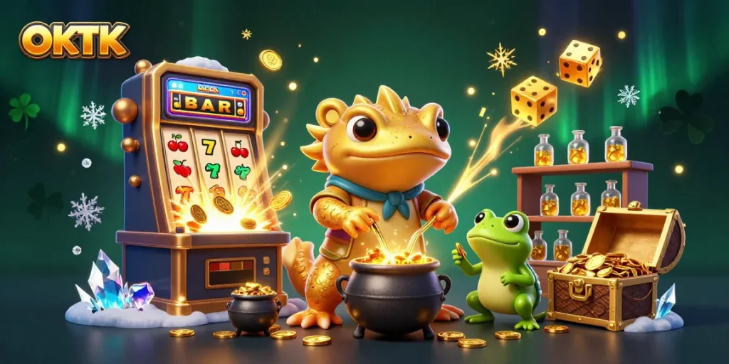 Experience the magic of OKTK at a lively casino scene with enchanting characters and games.
