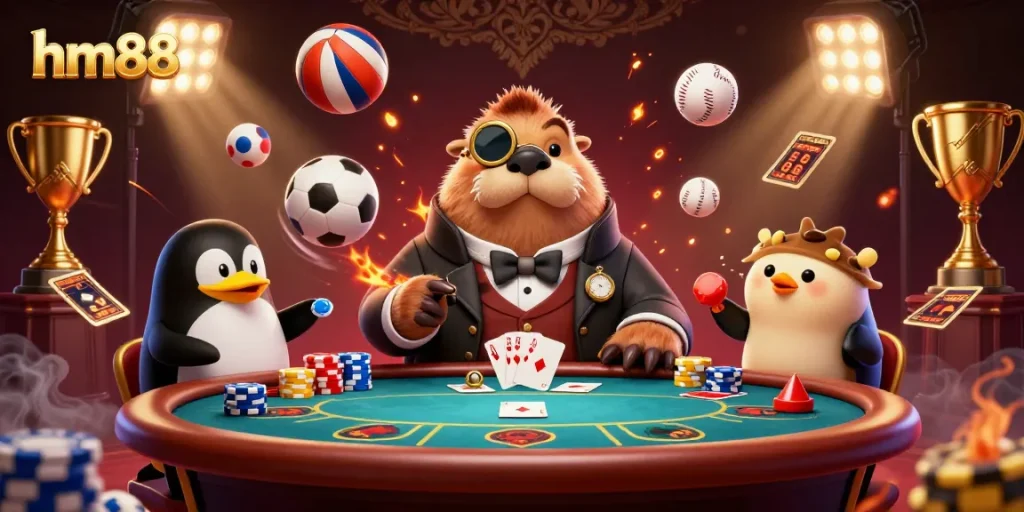 Experience the excitement of hm88 with a jolly walrus playing poker at an underwater casino table.