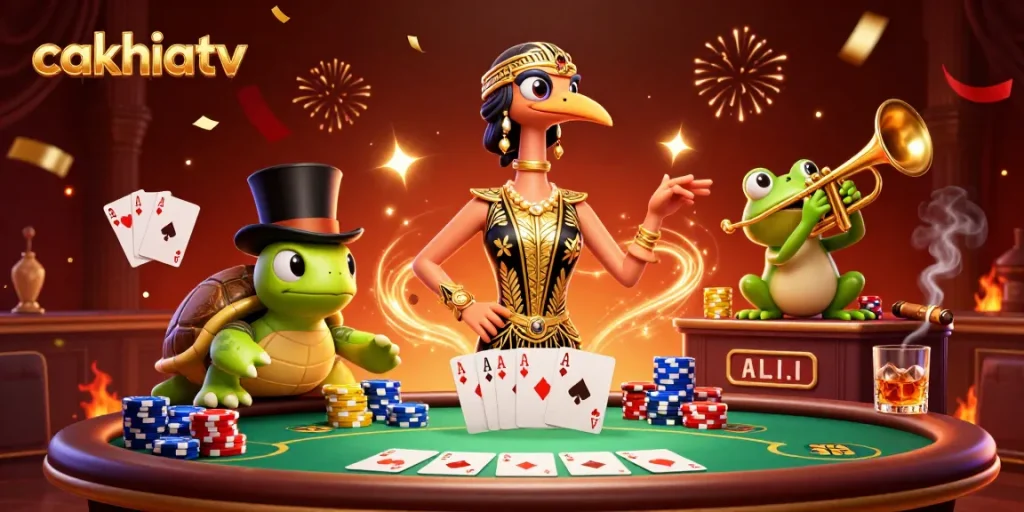 Cakhiatv offers a fun casino experience featuring vibrant characters, poker chips, and colorful confetti.
