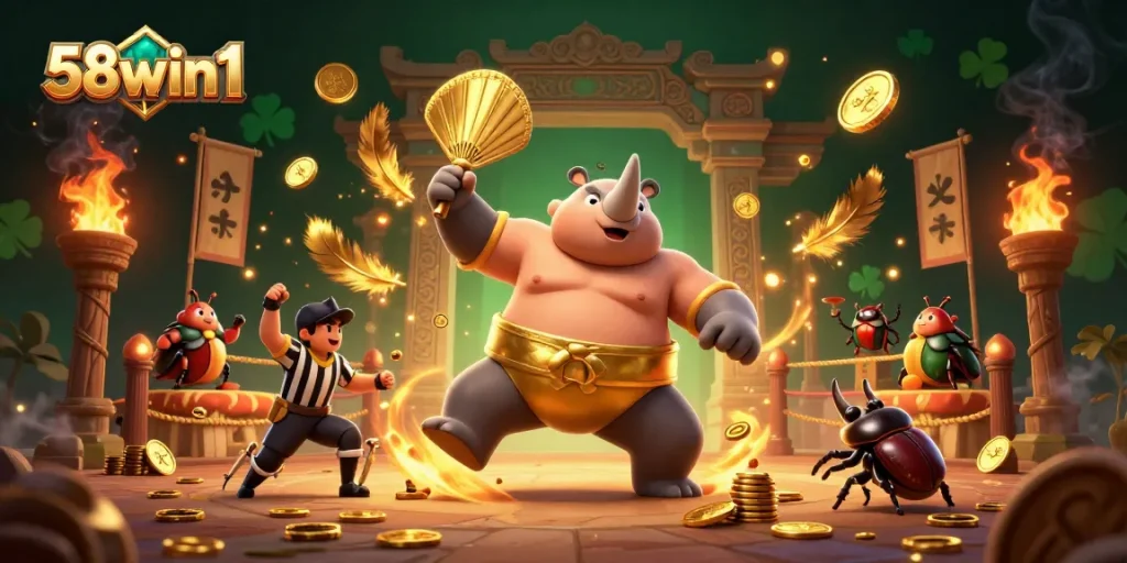 Experience the thrilling excitement of 58win1 as the champion beetle triumphantly stomps amidst a flurry of golden coins.