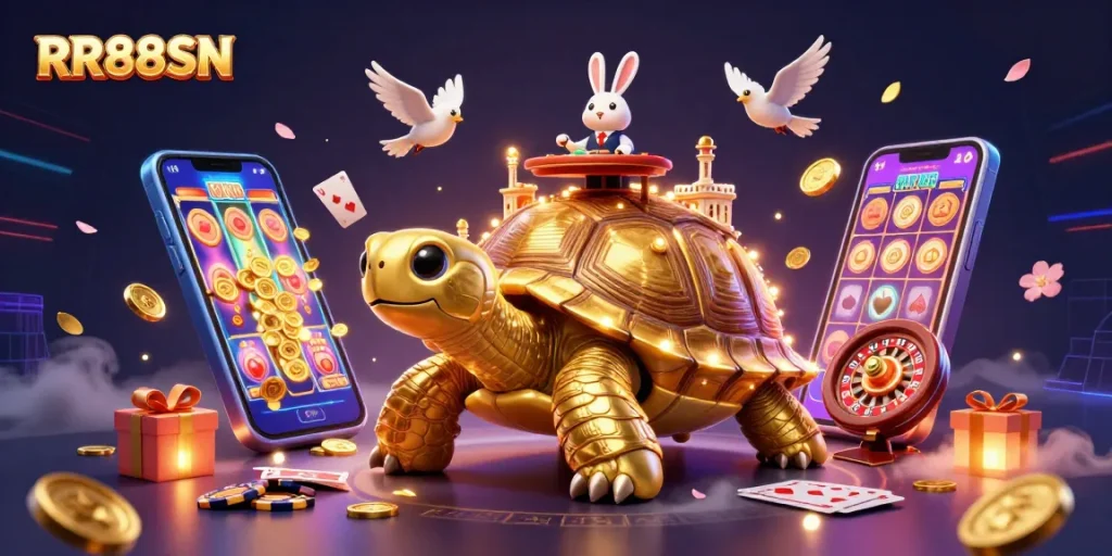 Play slots like RR88SN with a vibrant 3D illustration showcasing casino excitement and gold coins!