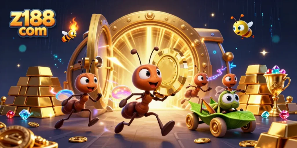 Experience thrilling wins with z188 com in a vibrant animated casino heist scene.