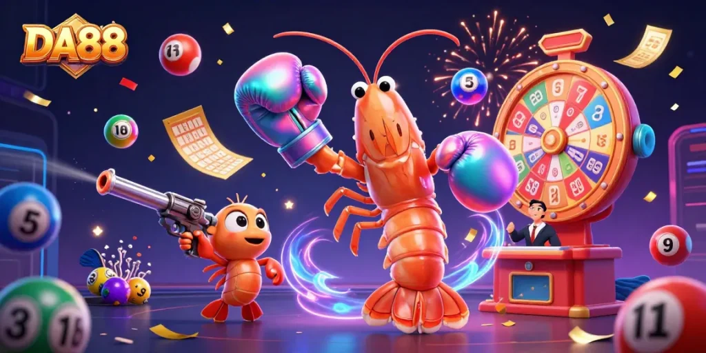 Win big with DA88 at this vibrant online casino scene showcasing colorful elements and characters.