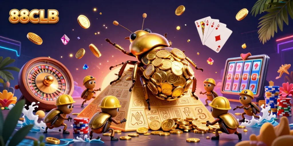 Experience the excitement of 88CLB with dynamic casino elements and a golden beetle theme.