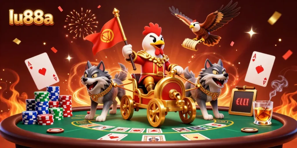 lu88a showcases a vibrant casino scene with a rooster warlord, poker elements, and festive atmosphere.