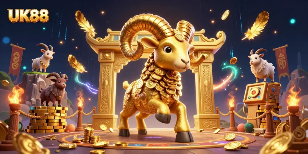 Experience thrilling action at UK88 with a 3D cartoon golden ram charging through a dynamic casino scene!