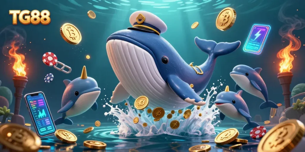 Engage with TG88 as a 3D whale captain breaches through coins, surrounded by thrilling casino elements.