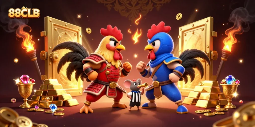 Engage with 88CLB's thrilling gambling adventures featuring dynamic cartoon roosters and treasure.
