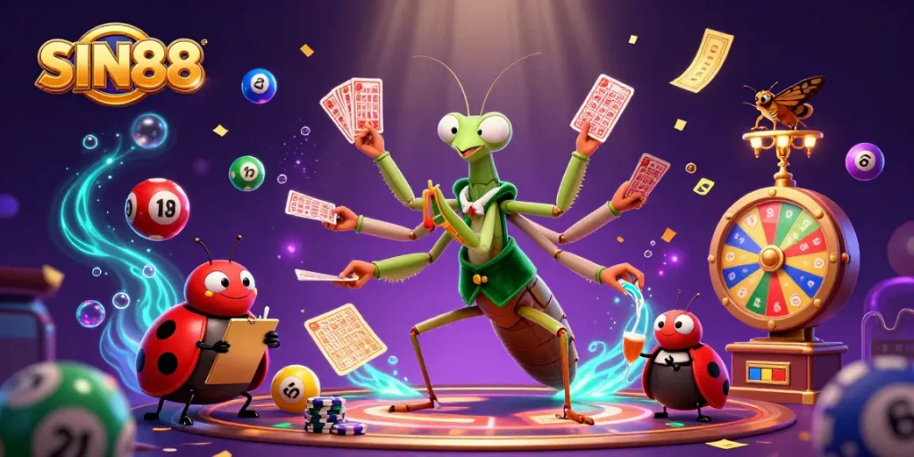 SIN88 features a giant praying mantis card sharp and ladybug pit boss amidst vibrant casino elements.