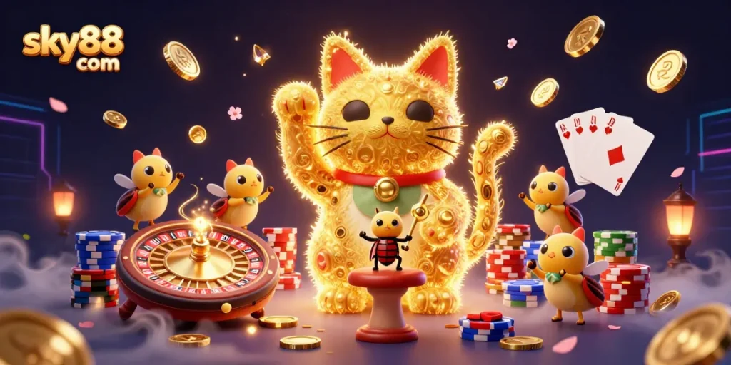 Experience the excitement at sky88 com with golden fireflies, lucky cat symbols, and casino elements in a vibrant scene.