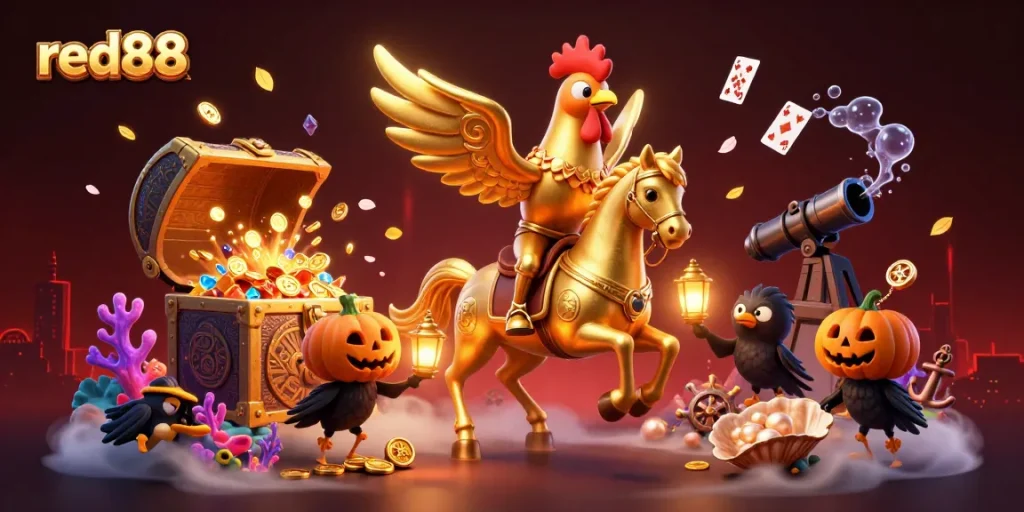 Experience thrilling entertainment at red88 with a golden rooster and captivating casino elements.