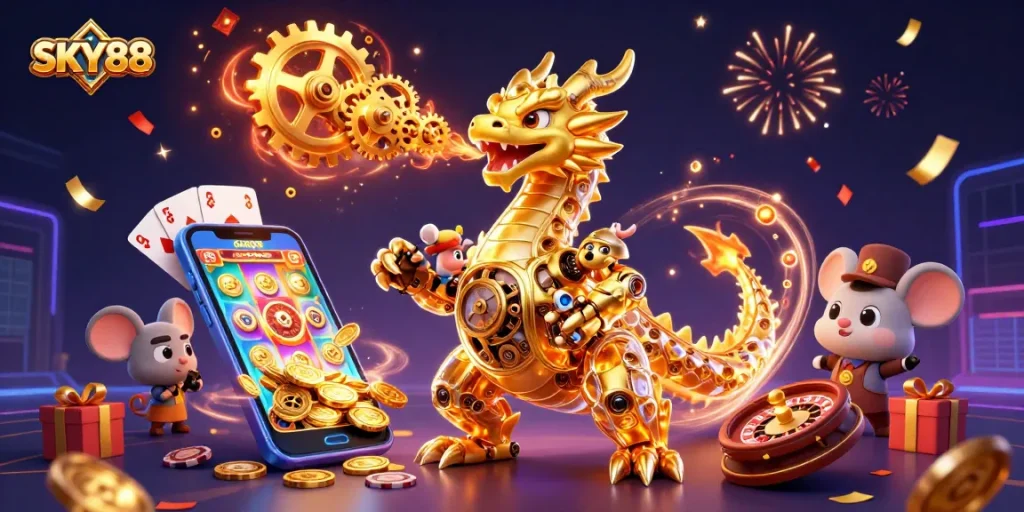 Engage with thrilling games at SKY88, featuring a dragon breathing golden gears and casino elements.