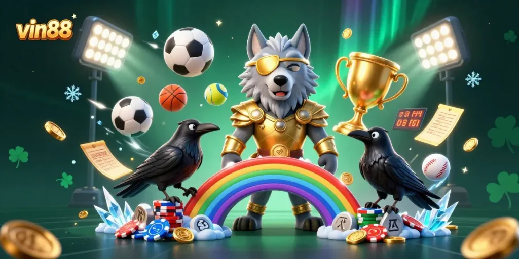 Win big with vin88 at this vibrant casino scene featuring dynamic game elements.