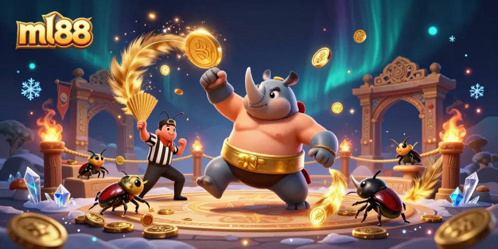 Watch the ml88 rhinoceros beetle champion stomp and scatter coins in this vibrant casino scene.