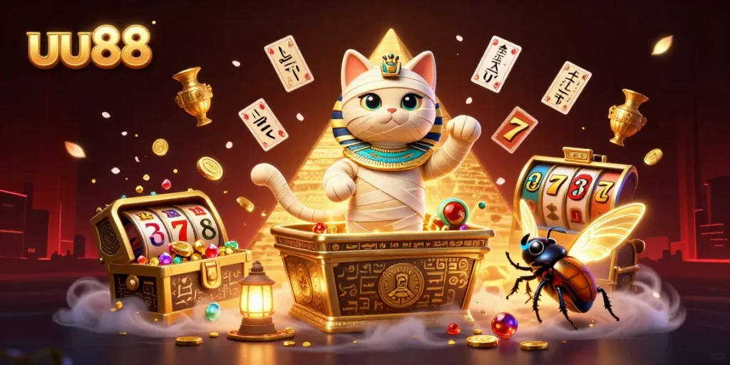 Engage in exciting games at uu88 with a magical scene featuring an Egyptian mummy cat and vibrant slot elements.