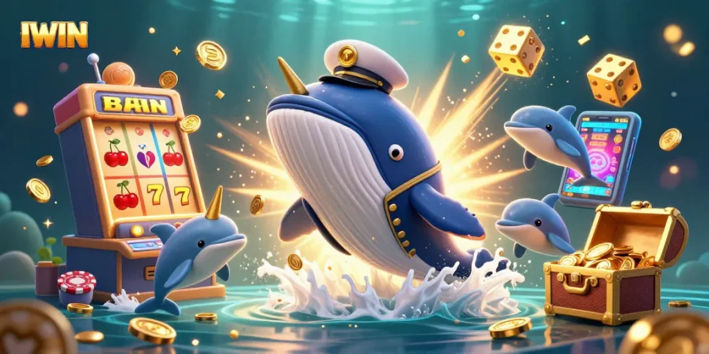 Experience the thrilling IWIN casino adventure with a whale and playful dolphins amidst dazzling game elements.
