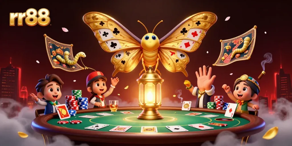 Experience thrilling casino action with rr88, featuring a vibrant moth and poker scene.
