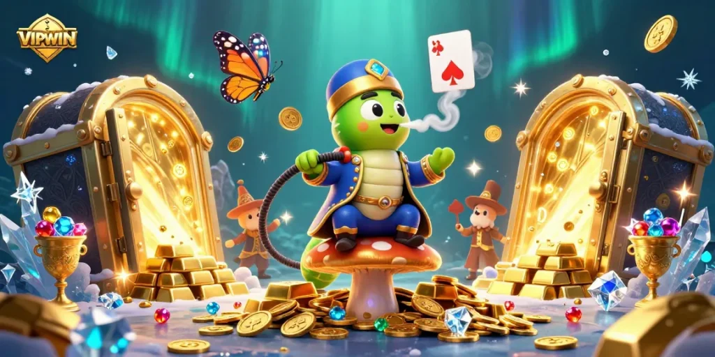 Experience the enchanting world of VIPWIN with a lavish 3D scene of a caterpillar hookah-master in a vibrant casino setting.