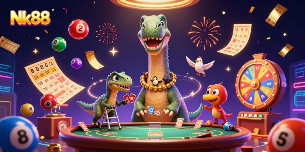 Engage in thrilling bets at Nk88 with vibrant lotto balls and a colossal dinosaur dealer!