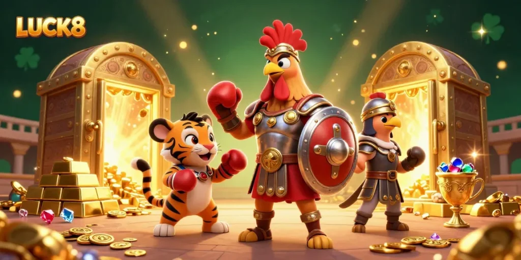 Experience thrilling gameplay at LUCK8 with an engaging casino scene featuring dynamic characters and treasures.