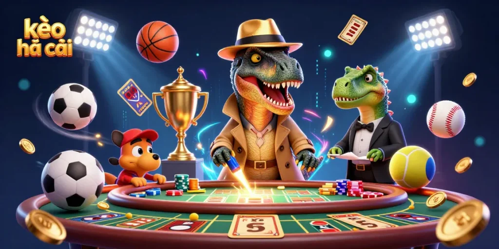 Bet on kèo nhà cái with a cartoon velociraptor counter at an exciting sports betting table.