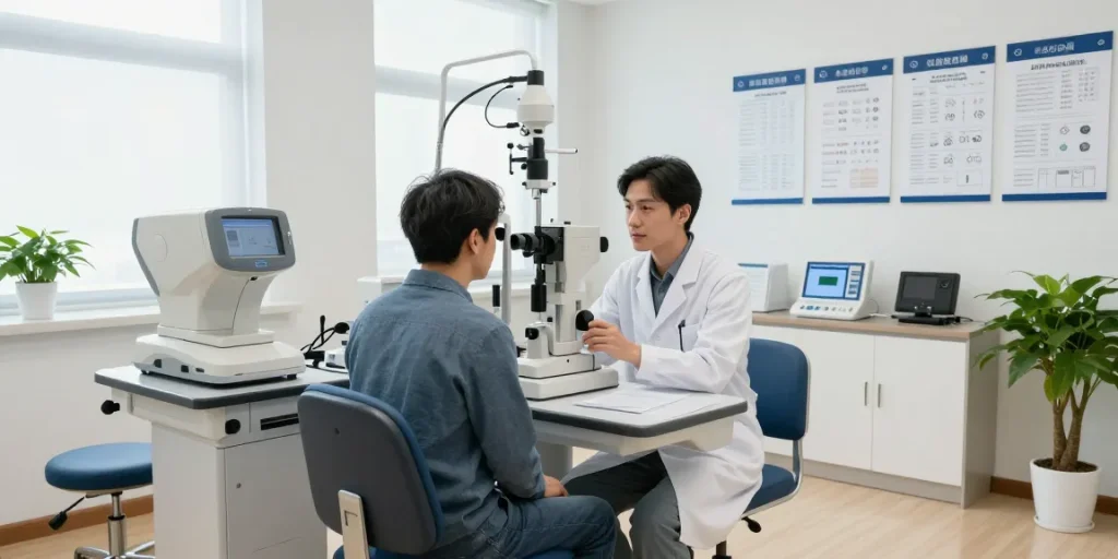 Ophthalmologist conducting 시력교정 examination in a modern eye clinic.