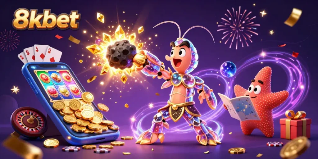 Engage with thrilling 8xbet action as cartoon characters burst through an asteroid, symbolizing exciting gameplay.