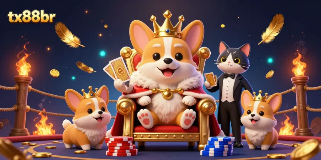 Experience the thrill of gaming at tx88br with our royal corgi surrounded by rich casino elements.
