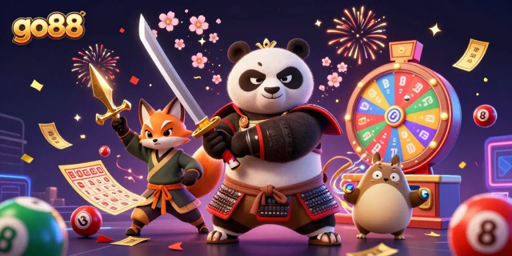 go88 samurai panda and ninja fox celebrate with vibrant lottery elements in a dynamic casino scene